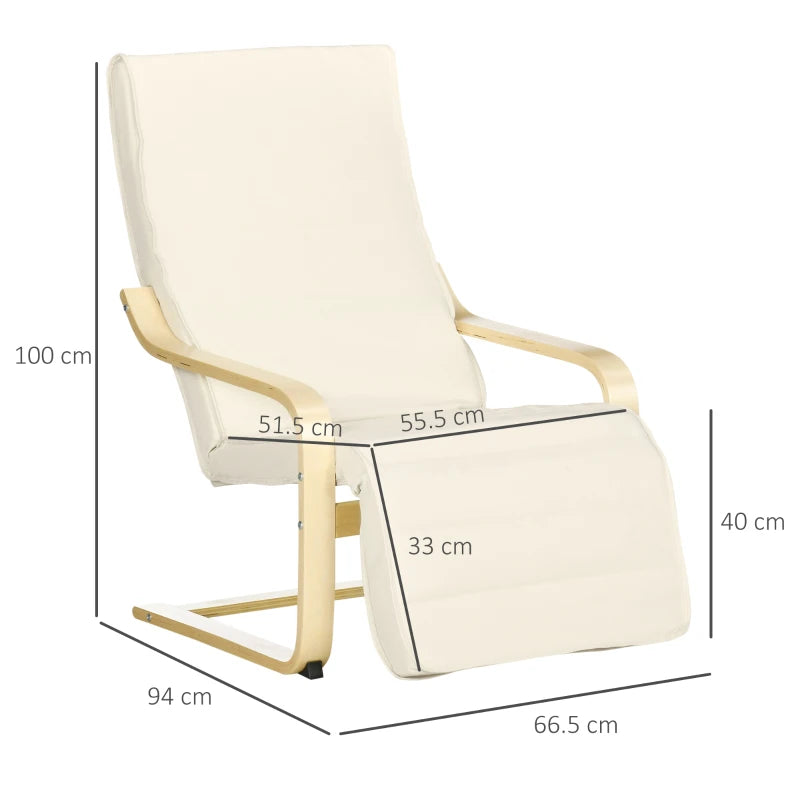 Wooden Armchair, Upholstered Linen Lounge Chair with Adjustable Footrest & Removable Cushion, Poang Chair for Living Room, Cream White