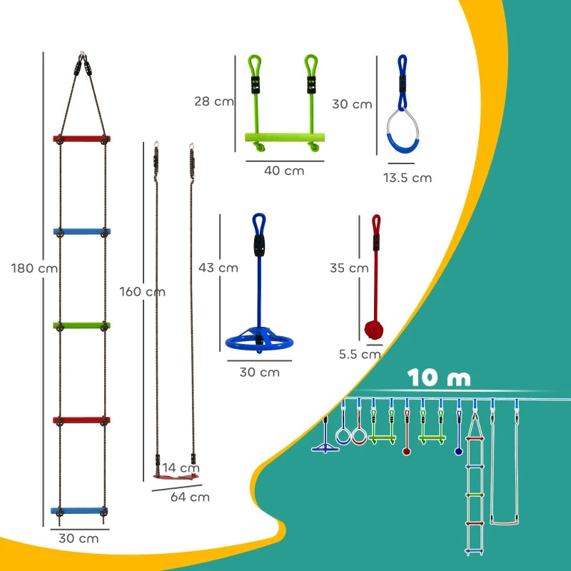 10-Piece Zip Line Kit for Kids with 10m Slackline, Monkey Bars, Swing, Climbing Ladder, Hanging Tray, Metal Rings