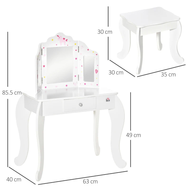 Kids Vanity Table and Chair Set with Tri-Folding Mirror and Stool, Makeup Dressing Table with Drawer, White