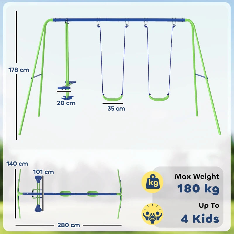 Metal Garden Swing Set Height Adjustable Children Outdoor Backyard Play Set for Toddlers Over 3 Years Old, Green