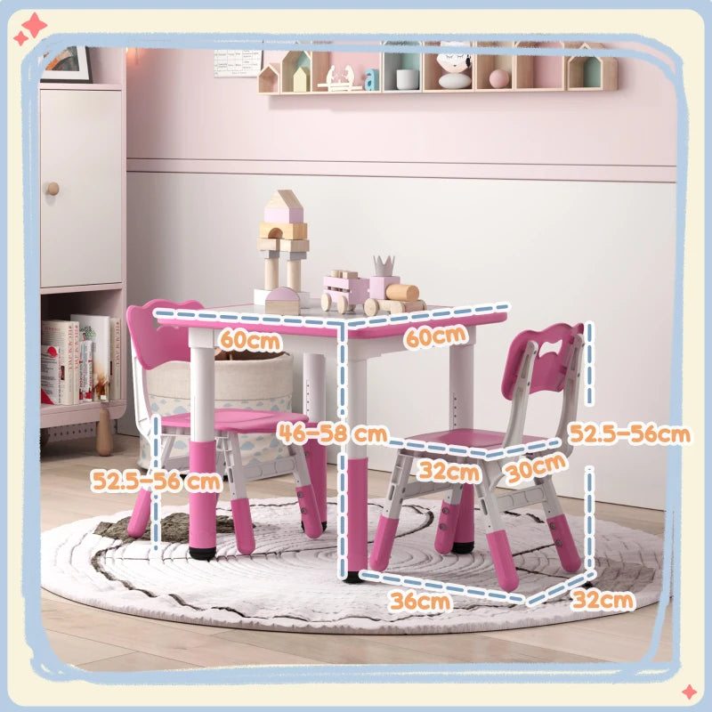 Height Adjustable Toddler Table and Chair Set, 3-Piece Children Activity Table w/ 2 Chairs for Playroom, Bedroom - Pink