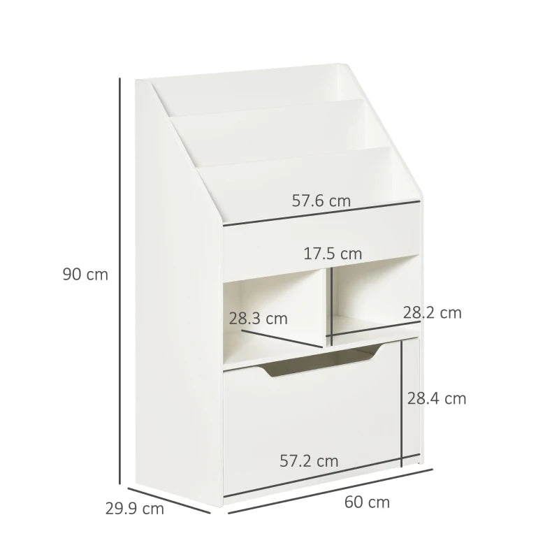 Kids Bookshelf, Toy Organiser, with Storage Drawer, Wheels - White