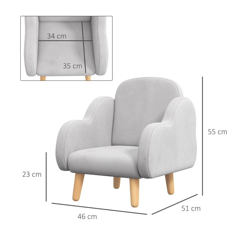 Kids Armchair Toddler Sofa Children Chair with Arm Rest, Wooden Frame, Velvet, PP Legs, Cloud Shape, for Ages 1.5-3 Years - Grey