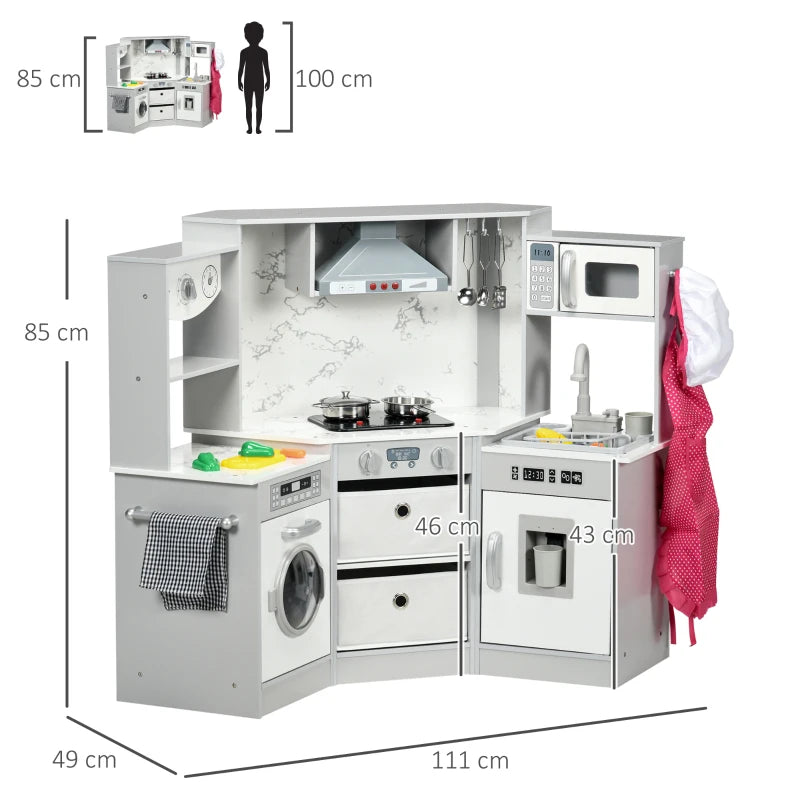Toy Kitchen with Running Water, Lights, Sounds, Apron and Chef Hat, Water Dispenser, for Ages 3-6 Years, Grey