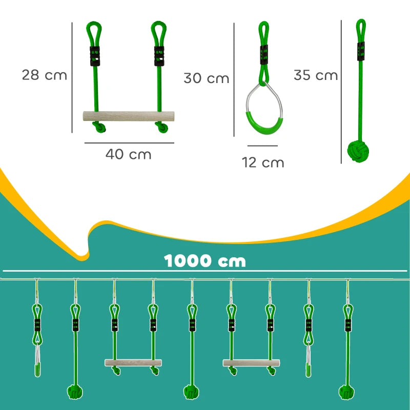 7-Piece Kids Zip Line Kit for Garden, 10m Kids Slackline Kit with Wooden Monkey Bars, Metal Rings, Gripping Balls, Green