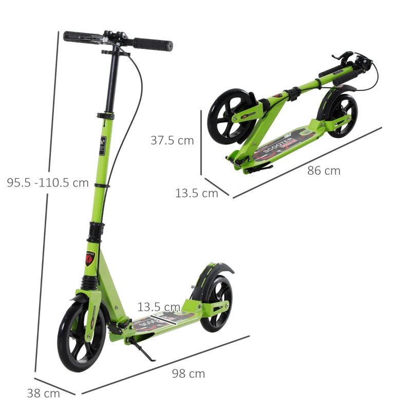 Kick Scooter, Folding 2 Wheel Scooter for 14+ Teens Adults, with Dual Brake System, Dual Suspension, 230mm Big Wheels, 3 Adjustable Handlebar, up to 100KG, Green