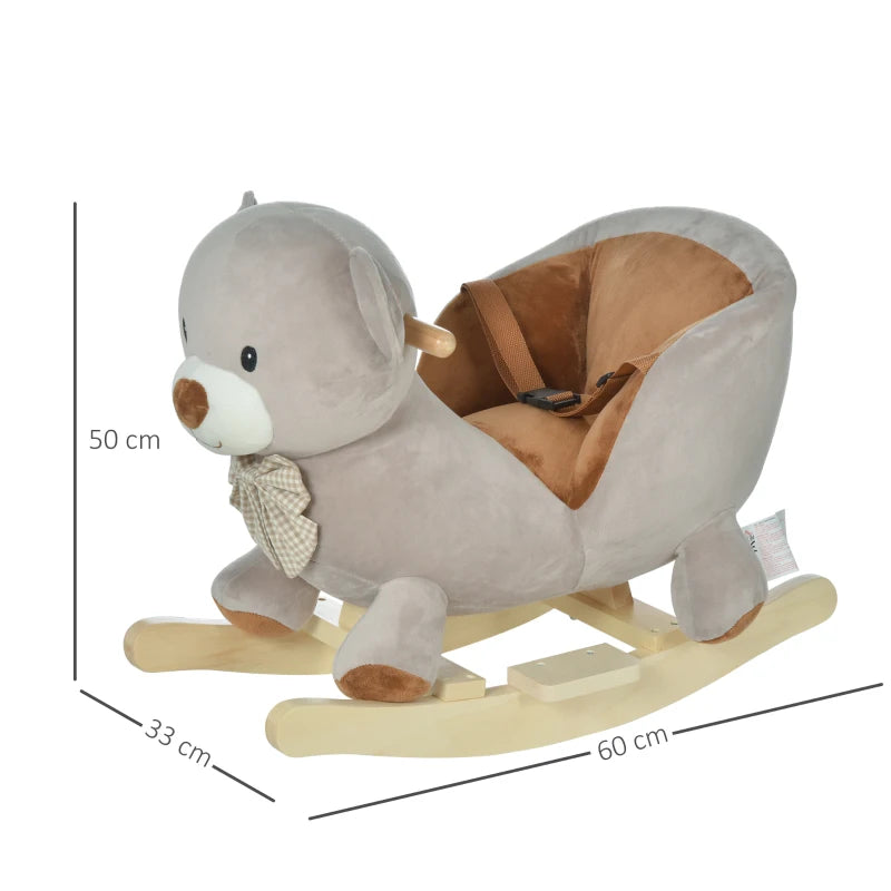 Kids Children Rocking Horse Plush Ride On Bear Seat w/ Sound Wood Base Seat Safety Belt Toddler Baby Toy for 18-36 Months Grey