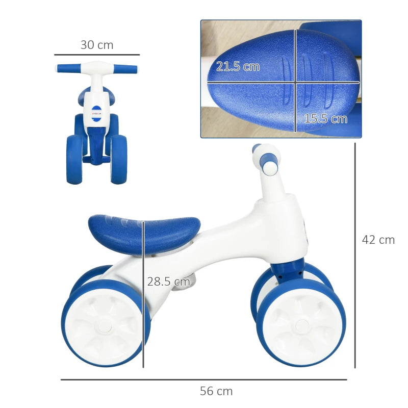 Balance Bike for Ages 18-36 Months, with Anti-Slip Handlebars, Four Wheels, No Pedal - Blue