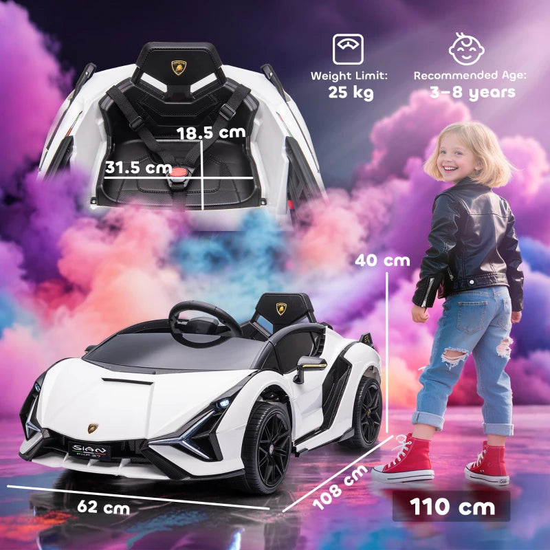 Lamborghini Sian Licensed 12V Kids Electric Ride On Car 2 Motors Toy Car with Remote Control Music Lights MP3 for 3-5 Years White