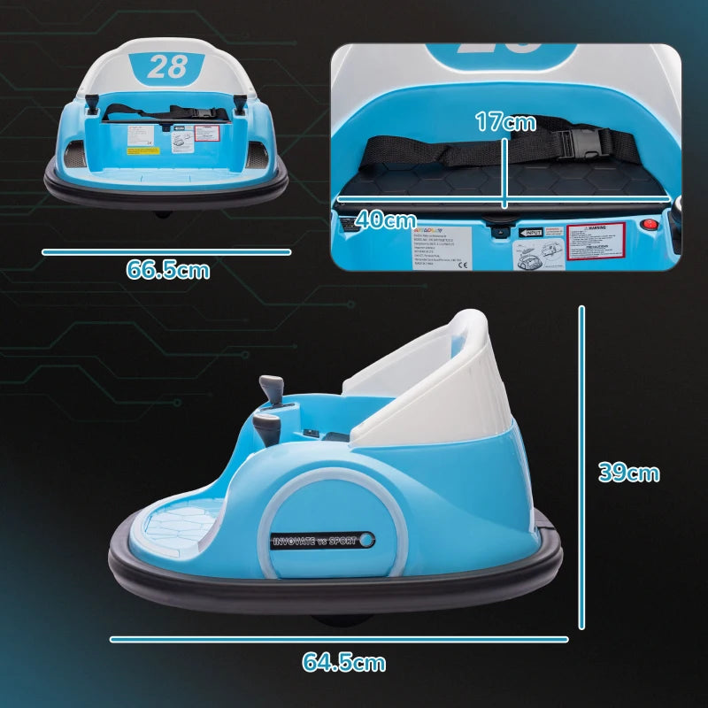 360° Rotation Kids Bumper Car, 12V Waltz Car with Remote Control, Dual Joystick, Music, Lights, Light Blue