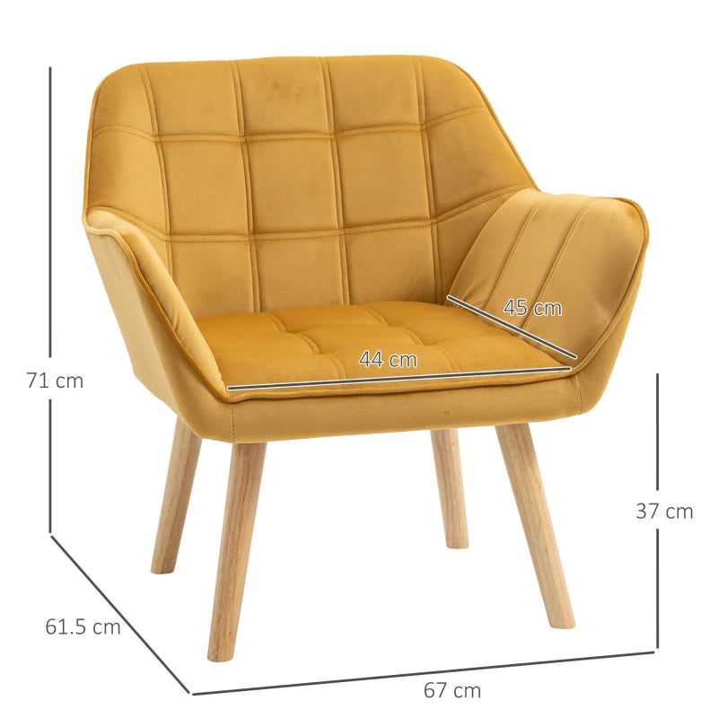 Modern Armchair, Accent Chair with Wide Arms, Slanted Back and Rubber Wood Legs for Living Room, Bedroom, Home Office Yellow
