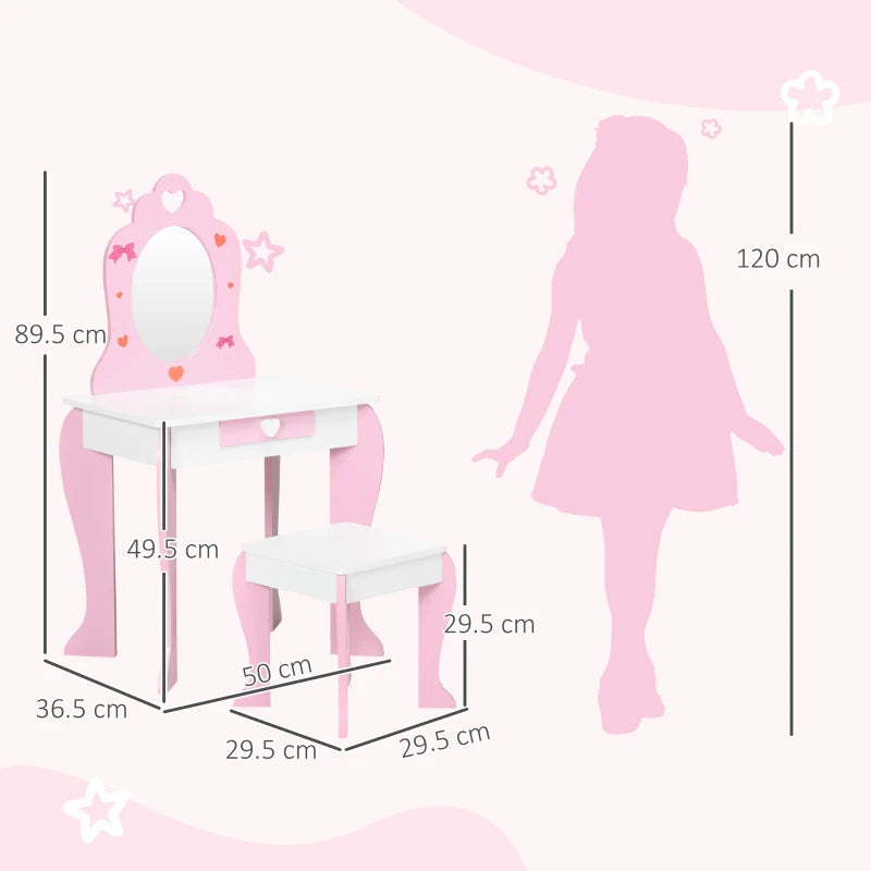 Kids Dressing table Set w/ Mirror, Stool, Drawer, Cute Patterns, for Ages 3-6 Years - Pink