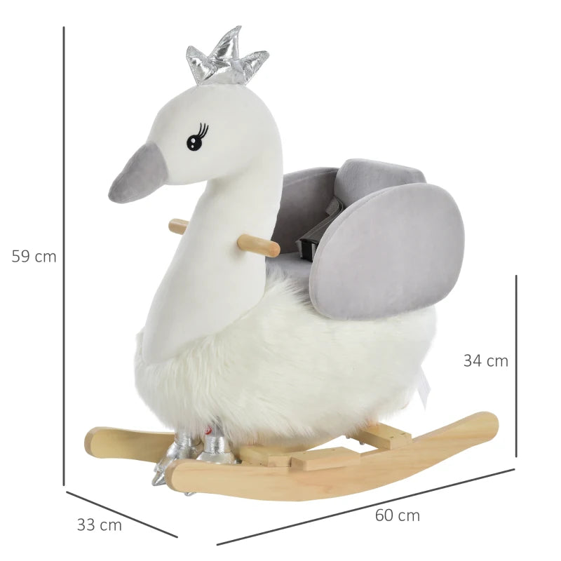 Kids Rocking Horse, Children Plush Ride On Swan Animal Rocker w/ Sound, Wood Base Seat, Safety Belt, Baby Toy Rocker for Toddler 18 - 36 Months, White and Grey