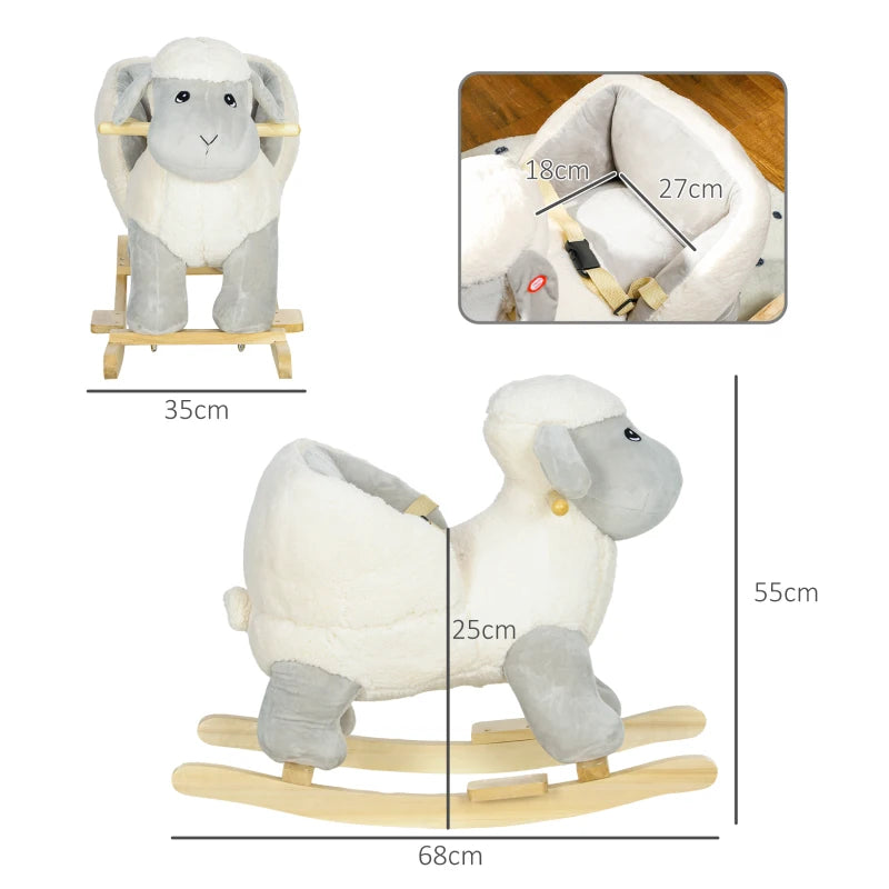 Rocking Horse, Ride on Lamb with Safety Belt, Sound, for Ages 18-36 Months, Grey