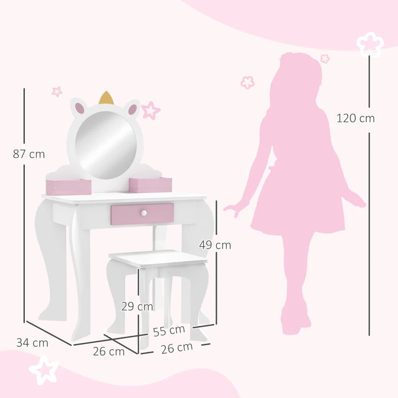 Unicorn-Design Kids Dressing Table, with Mirror and Stool - White