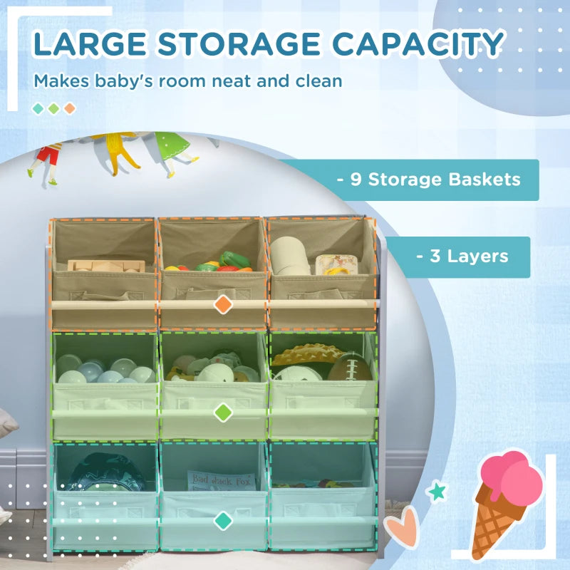 Kids Storage Rack, with Nine Removable Baskets, for Nursery, Bedroom, Playroom - Grey