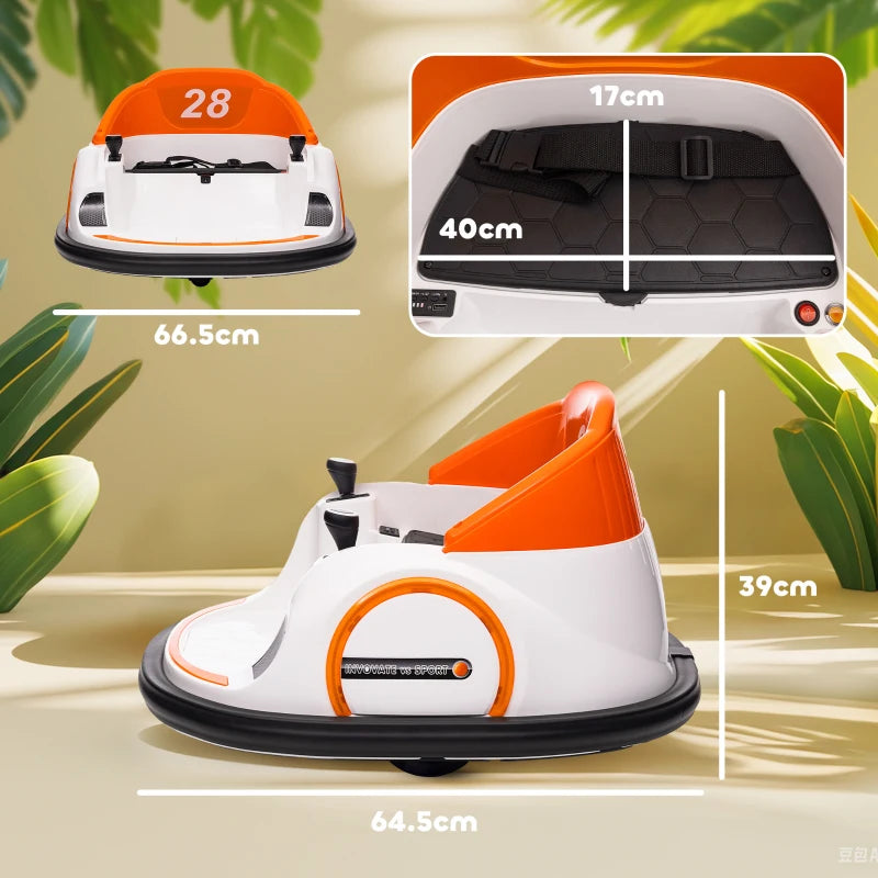 360° Rotation Kids Bumper Car, 12V Waltzer Car with Remote Control, Dual Joysticks, Music Lights, Orange