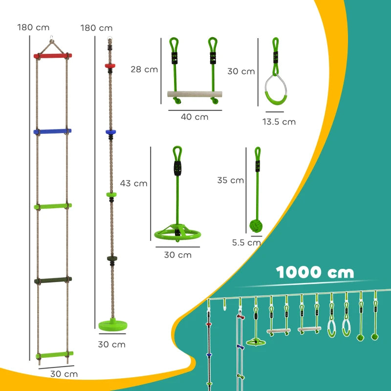 Obstacle course for Kids, with 10-Piece Slackline Kit with Monkey Bars, Gym Rings, Rope Ladder, Nest Swing, Hanging Tray