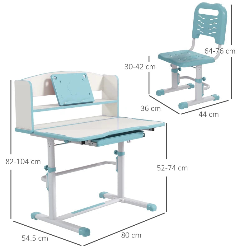 Height Adjustable Kids Study Table and Chair Set, with Drawer, Storage Shelf, 80 x 54.5 x 104 cm, Blue