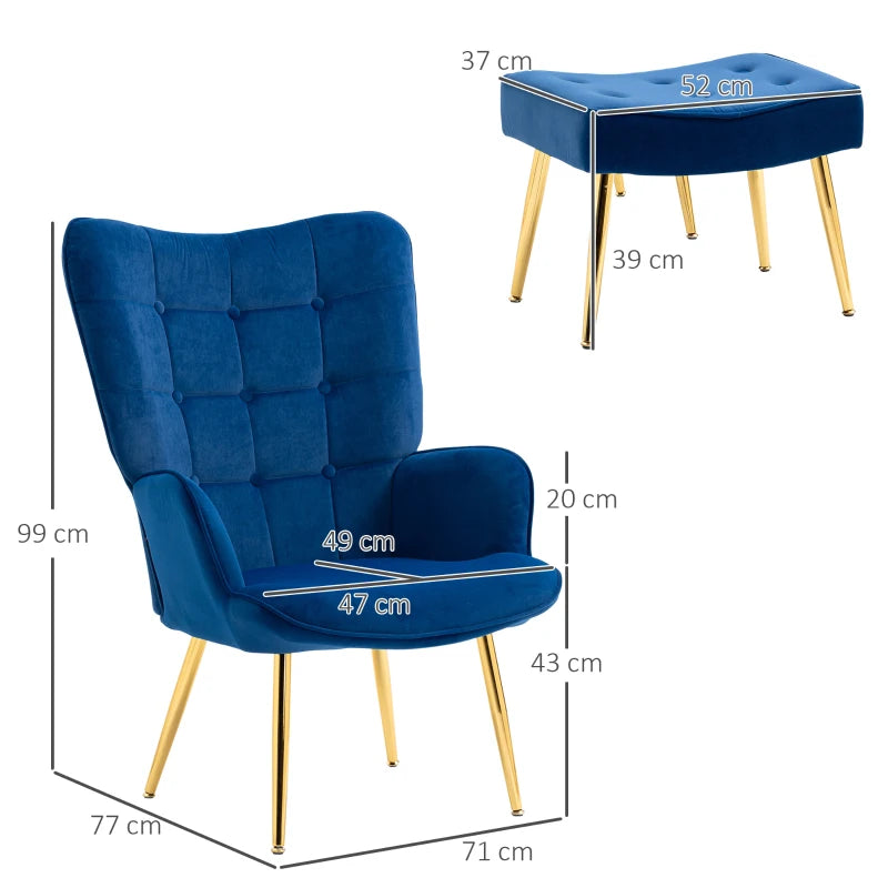Modern Armchair with Footstool, Upholstered Accent Chair with Ottoman, Steel Legs, Velvet Wingback Chair for Living Room, Bedroom, Home Study, Dark Blue