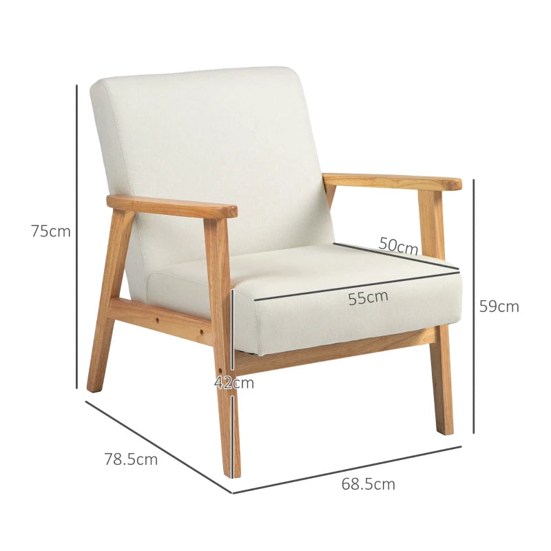 Fabric Accent Chair for Living Room, Arm Chair with Rubber Wood Frame and Padded Cushion, Cream White
