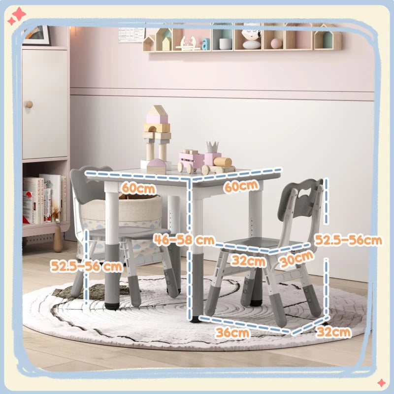 Height Adjustable Toddler Table and Chair Set, 3 Pcs Children Activity Table w/ 2 Chairs, for Playroom, Bedroom - Grey
