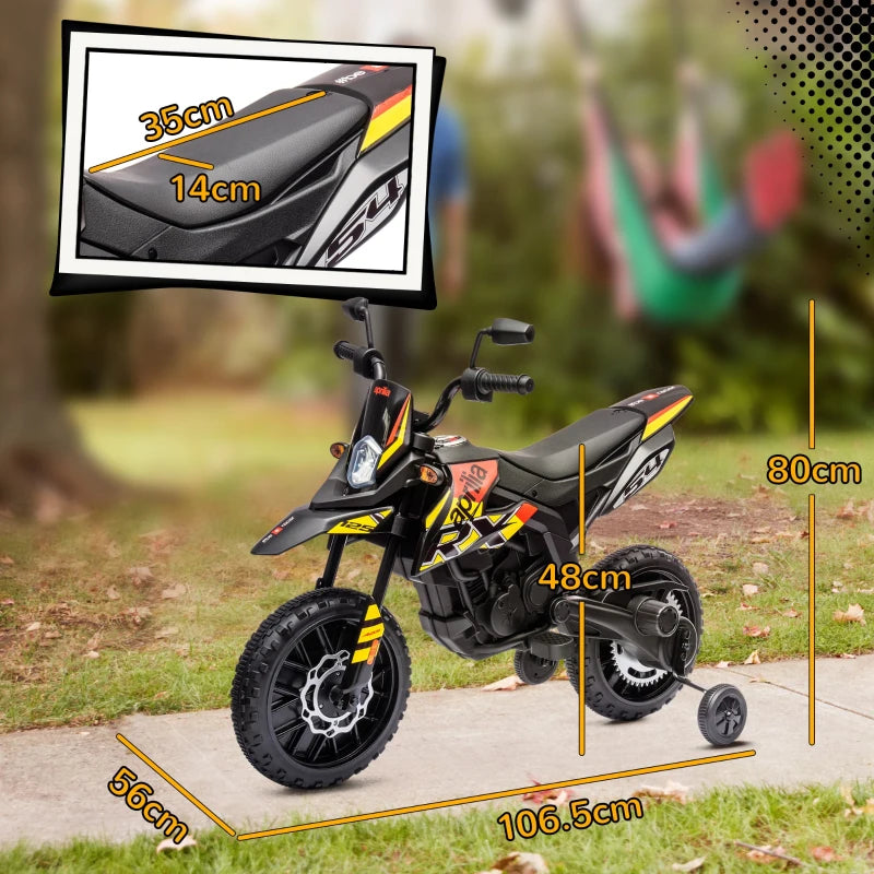 12V Aprilia Licensed Kids Motorbike with Training Wheels, Spring Suspension, LED Headlight, USB, Music, Yellow/black