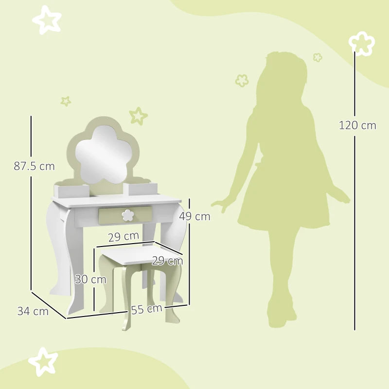 Kids Vanity Table with Mirror and Stool, Drawer, Storage Boxes, Flower Design, for Ages 3-6 Years - White