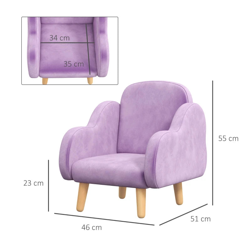 Kids Armchair Toddler Sofa Children Chair with Arm Rest, Wooden Frame, Velvet, PP Legs, Cloud Shape, for Ages 1.5-3 Years - Purple