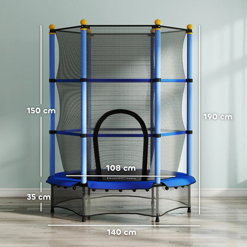 4.6FT/55" Kids Trampoline with Safety Enclosure, Outdoor Indoor Use, for Ages 3-10 Years, Blue