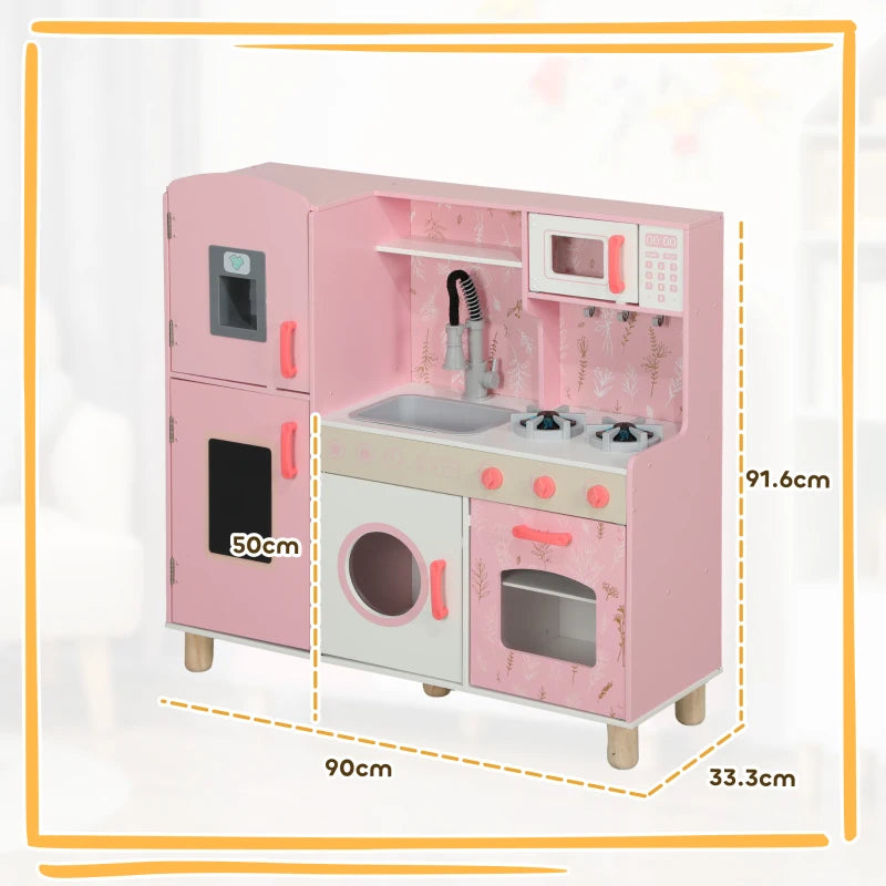 Play Kitchen, Kids Kitchen Set with Lights and Sounds, Double Stoves, Ice Maker, Chalkboard for 3+ Years, Pink
