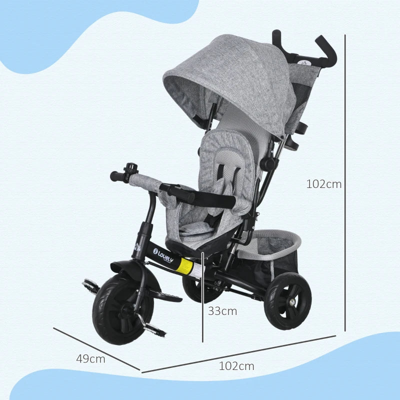 6 in 1 Kids Trike with Parent Handle, Canopy, 5-point Safety Belt, Storage, Footrest, Brake, for 1-5 Years, Grey