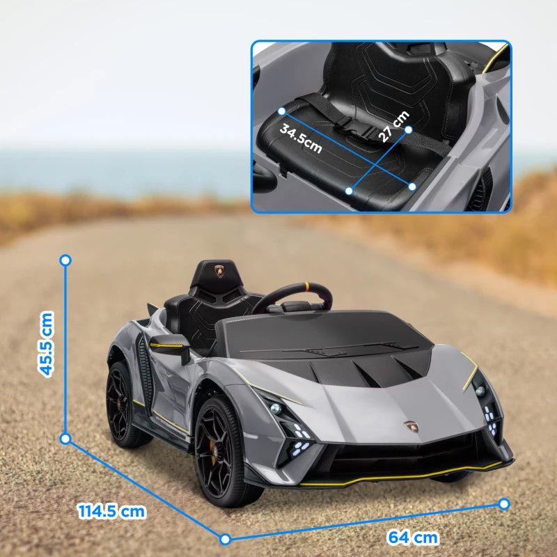 12V Lamborghini Autentica Licensed Kids Electric Car with Remote Control, 4 Suspension Wheels, Soft Start, Grey