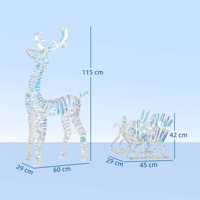 Lighted Christmas Reindeer with Sleigh, Outdoor Yard Reindeer with 170 Warm White LED Lights, Holiday Decor with Stakes, Waterproof, Silver
