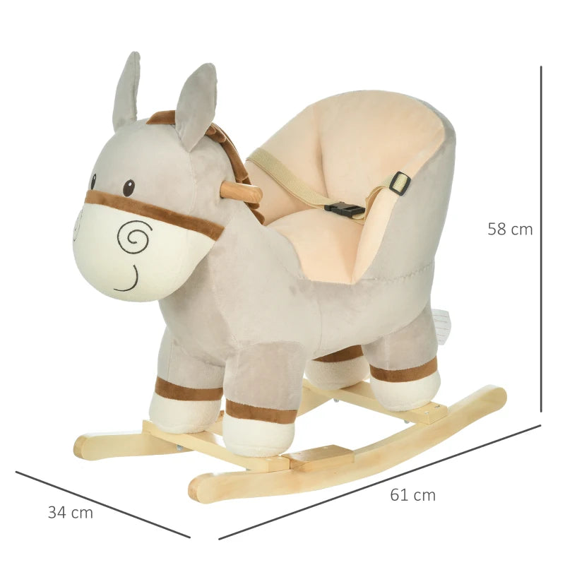 Kids Rocking Horse, Children Plush Ride On Donkey Animal Rocker w/ Sound, Wood Base Seat, Safety Belt, Baby Toy Rocker for Toddler 18 - 36 Months, Grey