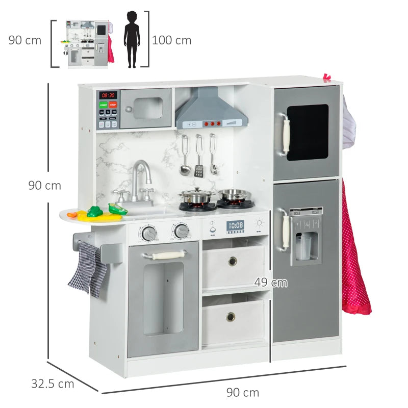 Toy Kitchen with Lights, Sounds, Apron and Chef Hat, Ice Maker, Microwave, for Ages 3-6 Years - White