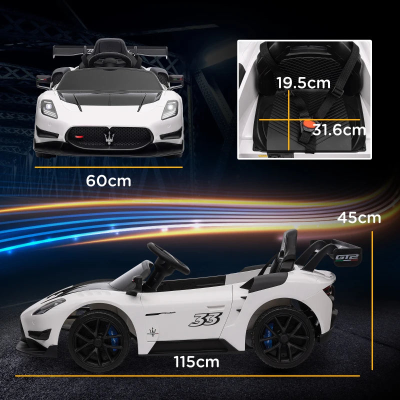 Maserati GT2 Licensed 12V Kids Electric Ride on Car with 4 Suspension Wheels, Remote Control, Music, Horn, Lights, White