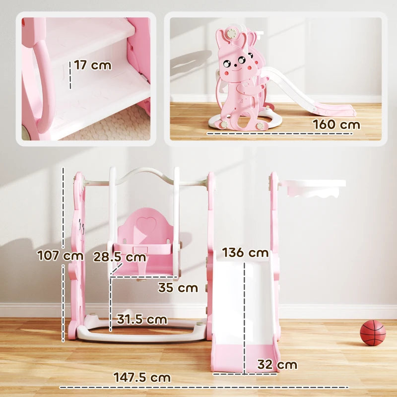 4 in 1 Kids Slide and Swing Set with Climber, Basketball Hoop, Rabbit-Themed, Pink