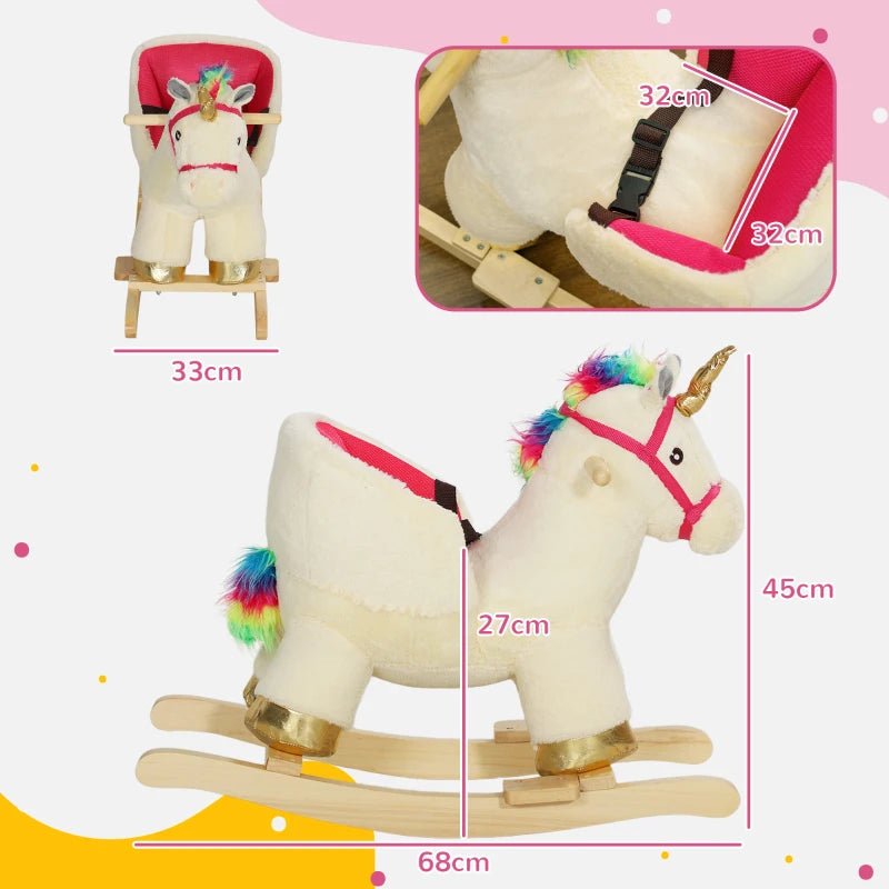 Kids Rocking Horse with Realistic Sounds, Safety Belt, Wooden Base, for Ages 18-36 Months, Cream White