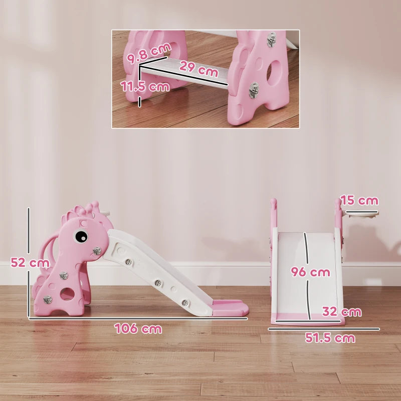 3 in 1 Kids Slide with Climber, Basketball Hoop and Ball, Giraffe Shape Climber Slide for Indoor Kids Age 1-3, Pink