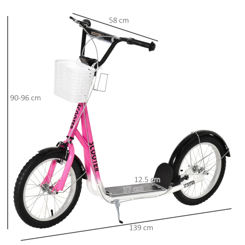 Kids Scooter, Kick Stunt Scooter with Adjustable Handlebar, Dual Brakes, Basket, Cupholder, Mudguard, 16" Inflatable Rubber Wheels, for 5-12 years, Pink