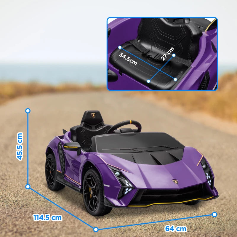 12V Lamborghini Autentica Licensed Kids Electric Car with Remote Control, Four Suspension Wheels, Soft Start, Purple