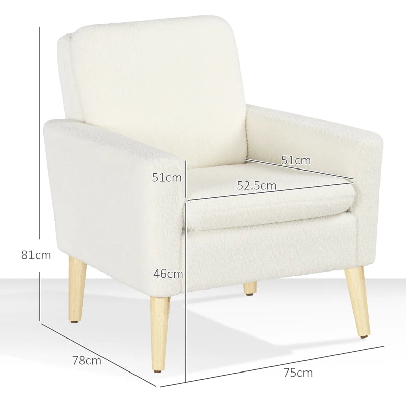 Armchair, Upholstered Accent Chair with Wood Legs and Wide Padded Seat, Teddy Occasional Chair, Cream White