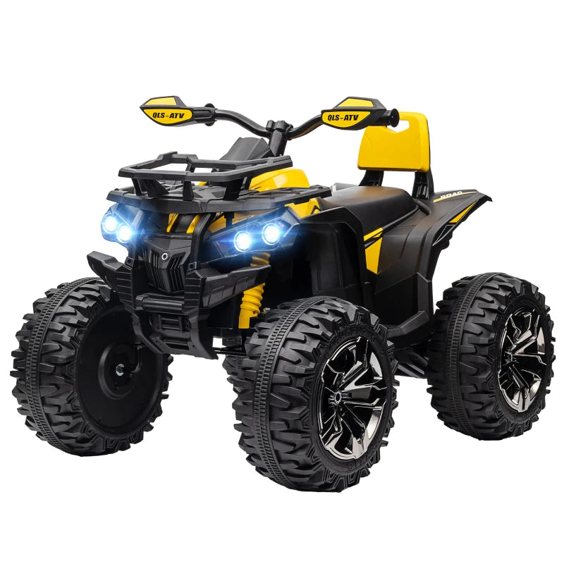 12V Quad Bike ATV with LED Lights, Music, Backrest, Forward, Backward, Yellow