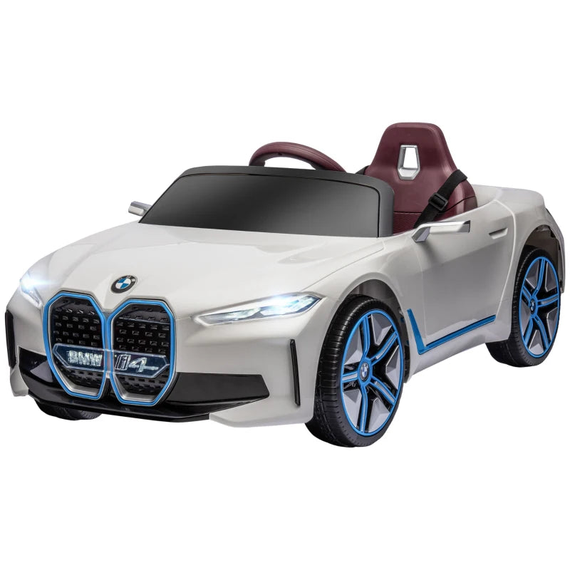BMW i4 Licensed 12V Kids Electric Ride-On Car, White, Red and Light Blue