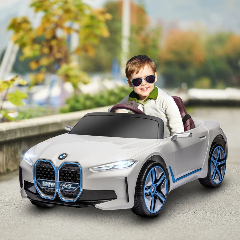 BMW i4 Licensed 12V Kids Electric Ride-On Car, White, Red and Light Blue