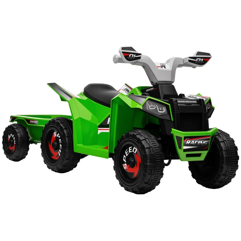 6V Quad Bike with Back Trailer, Wear-Resistant Wheels, for Ages 18-36 Months, Green