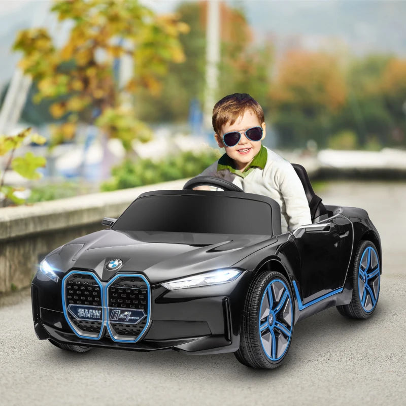 BMW i4 Licensed 12V Kids Electric Ride-On Car, with Remote Control, Portable Battery, Music, Horn, Headlights - Black