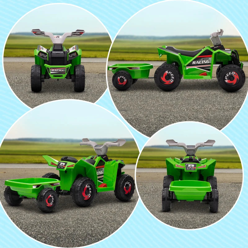 6V Quad Bike with Back Trailer, Wear-Resistant Wheels, for Ages 18-36 Months, Green