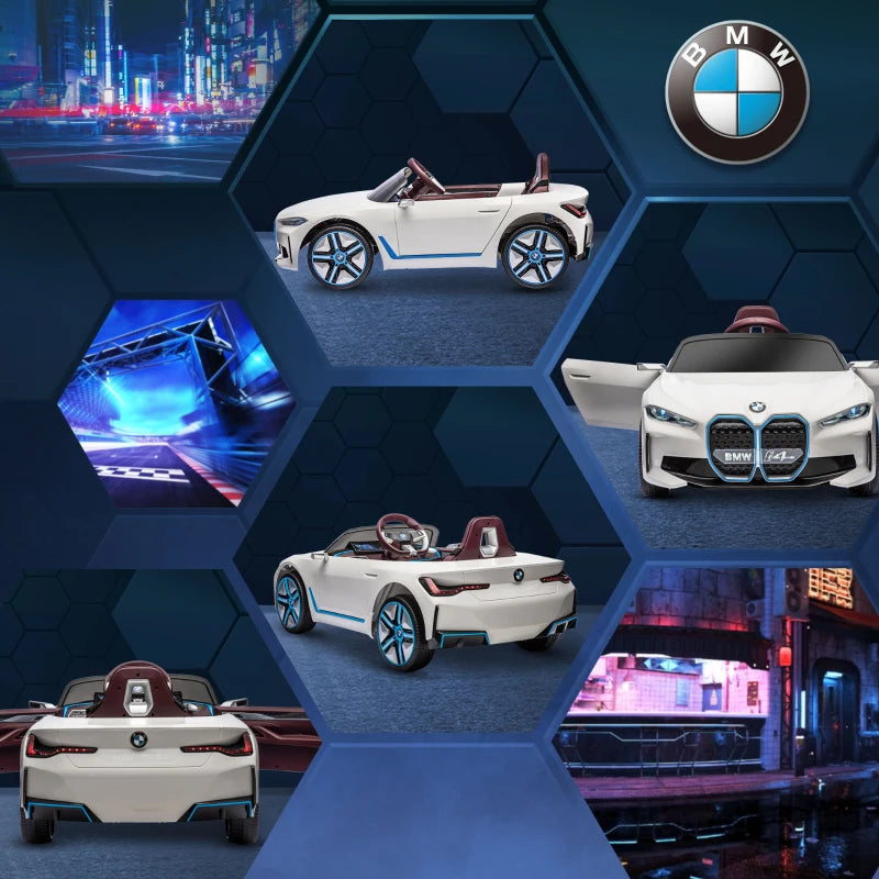 BMW i4 Licensed 12V Kids Electric Ride-On Car, White, Red and Light Blue